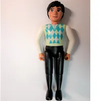Belville Figure Fixed Elbows, Male, Black Hair, Black Legs, White Arms, Light Lime, Turquoise, and White Argyle Top