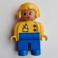 Duplo Figure, Early, Aviator Hat Yellow, Blue Legs, Two Red Buttons, Pocket with Radio Print