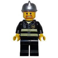 Fireman, Black Fire Jacket with Reflective Stripes, Radio, and Badge, Silver Helmet, Goatee Beard