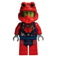 Diver, Man, Red and Dark Blue Wetsuit with Straps and Gauges, Red Diving Helmet, Airtanks, Stubble