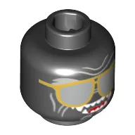 Minifig Head Garmadon, Sunglasses with Gold Frames, Light Bluish Gray Wrinkles, Open Mouth Smile with Fangs and Red Tongue Print