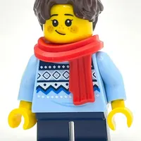 Child, Bright Light Blue Sweater, Short Dark Blue Legs, Red Scarf, Dark Brown Hair