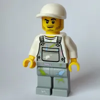 Man, Light Bluish Gray Overalls with Paint Stains, White Cap, Stubble