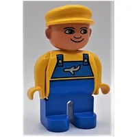 Duplo Figure, Early, with Flat Cap Yellow, Blue Legs, Blue Overalls with Airplane Print