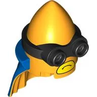 Minifig Head Special, Minion, Cone, Black 2-Eyed Goggles Pattern, Blue Cape, Yellow Mouth print