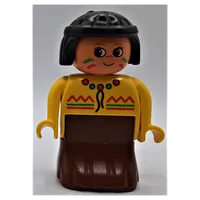 Duplo Figure, Early, Dress Brown, Green and Red Decorations, Black Hair (American Indian)