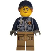 Policewoman, Sand Blue Vest with Zipper, Radio, Badge and Pouches, Tan Legs, Dark Blue Cap with Hair