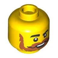 Minifig Head, Raised Thick Eyebrow, Dark Orange Moustache and Beard, Open Mouth Print