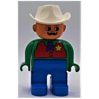 Duplo Figure, Early, Cowboy Hat White, Blue Legs, Red Vest with Star Badge Print