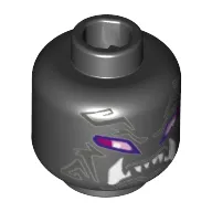 Minifig Head Oni Villain, Purple and Pink Stretched Eyes, White Fangs, Tribal Markings Print [Hollow Stud]