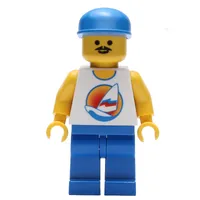 Man, White Tank Top with Windsurfer, Blue Legs, Blue Cap, Moustache