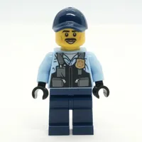 Police Officer, Bright Light Blue Shirt with Police Badge, Dark Blue Legs and Cap, Moustache