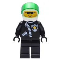 Policeman, Black Jacket with Zipper and Badge, White Helmet with Trans-Green Visor, Sunglasses