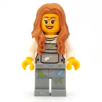 Woman, Light Bluish Gray Overalls with Paint Stains, Medium Nougat Hair, Glasses