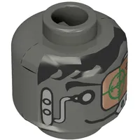Minifig Head Insectoid, Black Hair, Headset, Green and Copper Eye Grid Print