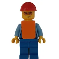 Man, Blue Overalls over Shirt, Red Hard Hat, Orange Vest, Orange Sunglasses