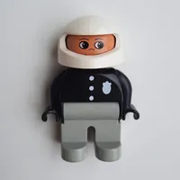 Duplo Figure, Early, Helmet White, Light Gray Legs, Black Top with 3 Buttons and Badge Print