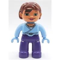 Duplo Figure Bob / Pageboy Hair Reddish Brown, with Dark Purple Legs, Light Blue Wrap Top with Necklace, Light Blue Hands