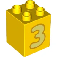 Duplo Brick 2 x 2 x 2 with Bright Light Yellow '3' Print