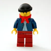 Man, Open Dark Blue Jacket, Dark Red Legs, Red Scarf, Black Hat, Stubble