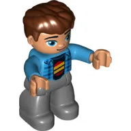 Duplo Figure with Thick Hair Combed Forward Reddish Brown, with Jacket, Dark Blue Plaid Shirt, Yellow Lines on Red Circle