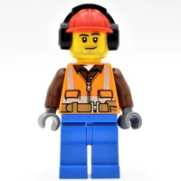 Construction Worker, Orange Safety Vest with Zipper over Reddish Brown Shirt, Dark Tan Legs, Red Hard Hat with Ear Defenders, Stubble