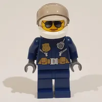 Policewoman, Dark Blue Jacket with Radio, Badge, and Belt with Pouches, White Helmet with Trans-Brown Visor, Sunglasses