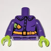 Torso Shirt, Tattered with Lime and Orange Patches, Orange Belt Print, Dark Purple Arms with Patch Print on Left, Lime Hands