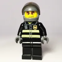 Fireman, Black Fire Jacket with Reflective Stripes, Radio, and Badge, Dark Bluish Gray Helmet with Visor, Orange Sunglasses