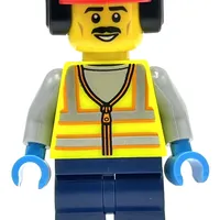 Vibrant Yellow Safety Vest, Dark Blue Legs, Red Hat