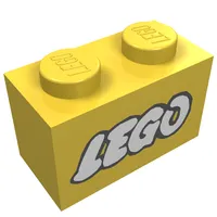 Brick 1 x 2 with LEGO Logo Open O White with Black Outline Print