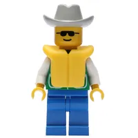Man, Green Jacket, Blue Legs, Light Gray Cowboy Hat, Yellow Life Vest, Sunglasses