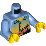 Torso Shirt with Sunset and Palm Trees Print, Medium Blue Arms, Yellow Hands