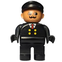 Duplo Figure, Early, with Flat Cap Black, Black Legs, Four Yellow Buttons and Red Tie Print