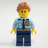Policeman, Bright Light Blue Shirt with Dark Blue Tie, Badge, and Radio on Belt, Medium Nougat Spiked Hair