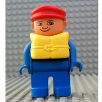 Duplo Figure, Early, with Flat Cap Red, Blue Legs, Life Jacket, No White in Eyes Print
