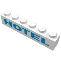 Brick 1 x 6 without Bottom Tubes with Cross Side Supports with 'HOTEL' Thick Blue Print