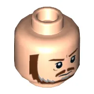 Minifig Head Qui-Gon Jinn, Dual Sided, Brown and Gray Beard, Brown Eyebrows, Moustache, White Pupils, Frown / Scared Print [Hollow Stud]