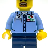 Man, Medium Blue Shirt with Octan Logo, Dark Blue Legs, Dark Blue Cap, Goatee Beard