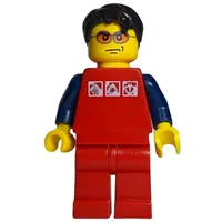 Man, Red Shirt with Dark Blue Arms, Red Legs, Black Hair, Orange Sunglasses