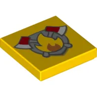 Tile 2 x 2 with Shield with Fire and 2 Axes print