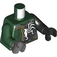 Torso, Odd Arms and Hands, Dark Green Armor, Yellow Line, Black Venom Transition, White Spider print, Left Black Arm and Hand, Right Dark Green Arm and Dark Bluish Grey Hand