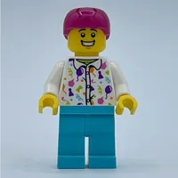 Man, White Shirt with Balloons, Medium Azure Legs, Magenta Helmet