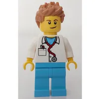 Doctor, White Shirt over Medium Azure Scrubs with Stethoscope and Pocket, Medium Nougat Hair