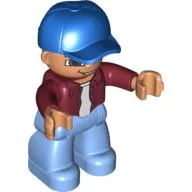 Duplo Figure with Cap Blue, with Dark Red Long Sleeve Shirt over White Shirt - Medium Blue Legs