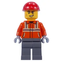 Construction Worker, Reddish Orange Jacket, Red Hard Hat