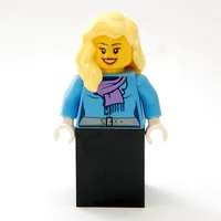 Woman, Medium Blue Jacket with Medium Lavender Scarf, Black Skirt