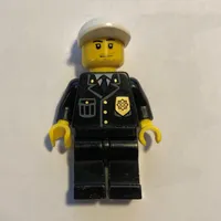Policeman, Black Suit with Badge, White Cap, Stubble