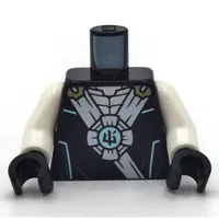 Torso Robe, White Trim, Asian Symbol on Medium Blue Circle, Silver Armor Print, White Arms, Black Hands