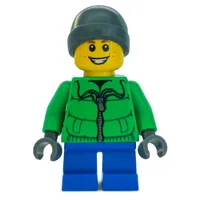 Boy, Green Jacket, Short Dark Blue Legs, Dark Bluish Gray Beanie Hat